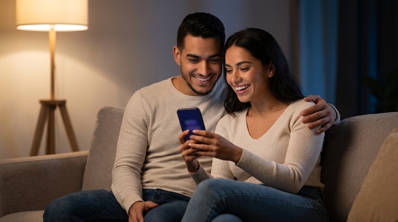 Una pareja siguiendo el avance de su evento desde el teléfono, en su casa
