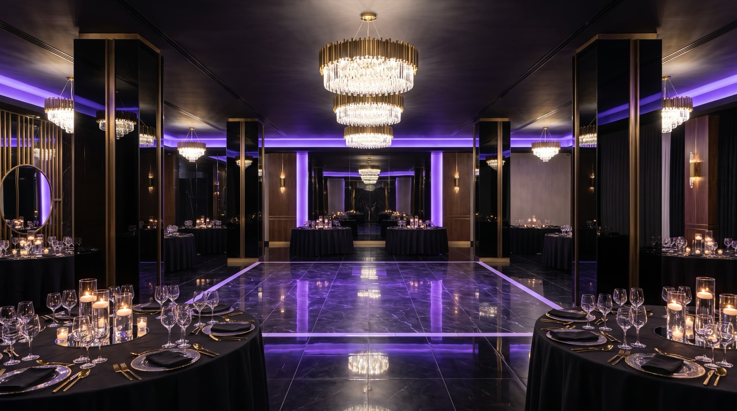 Un salón vestido para una fiesta, con las mesas puestas y la pista libre