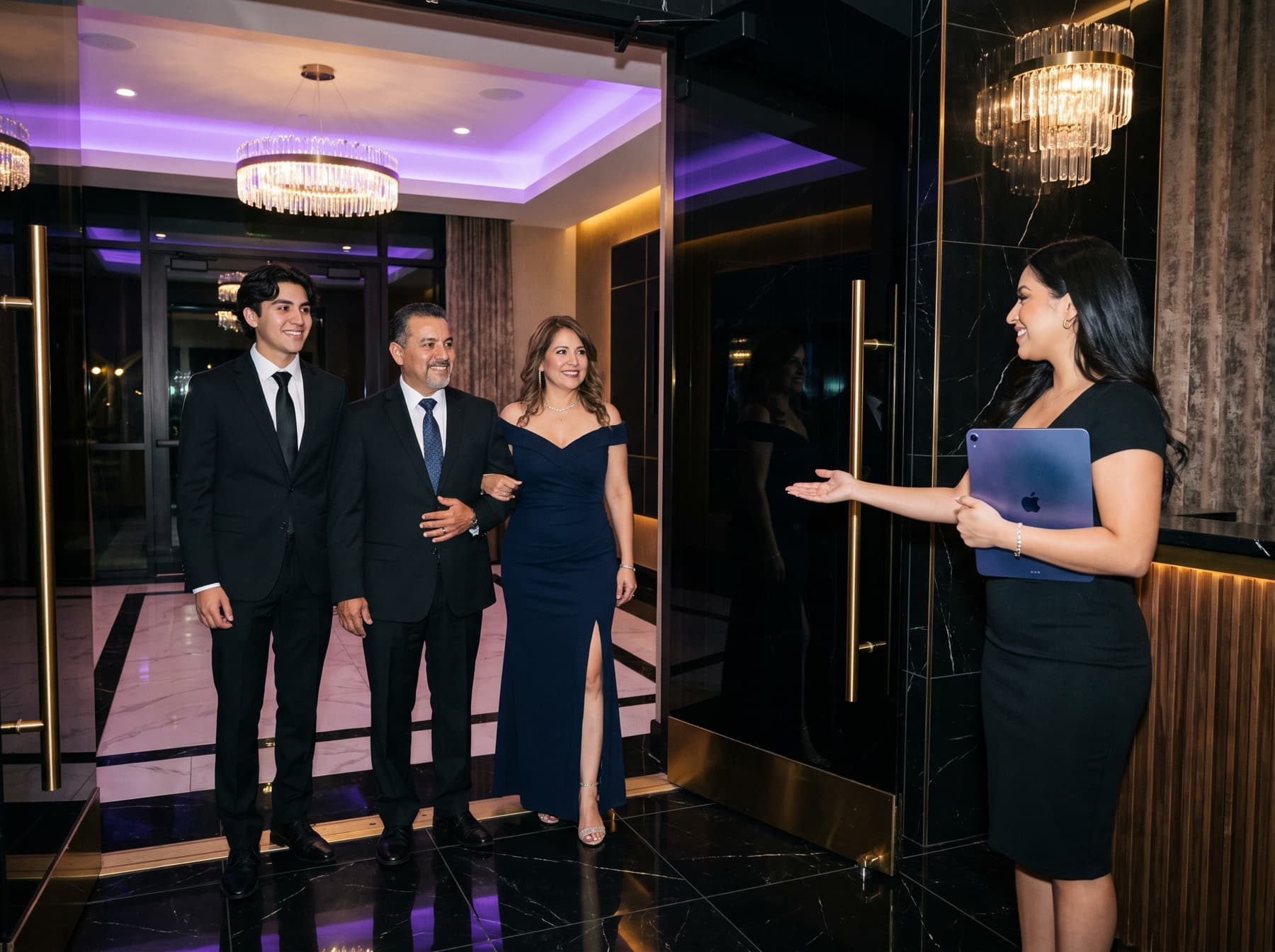 Una familia entrando a un salón de eventos, recibida por la recepcionista