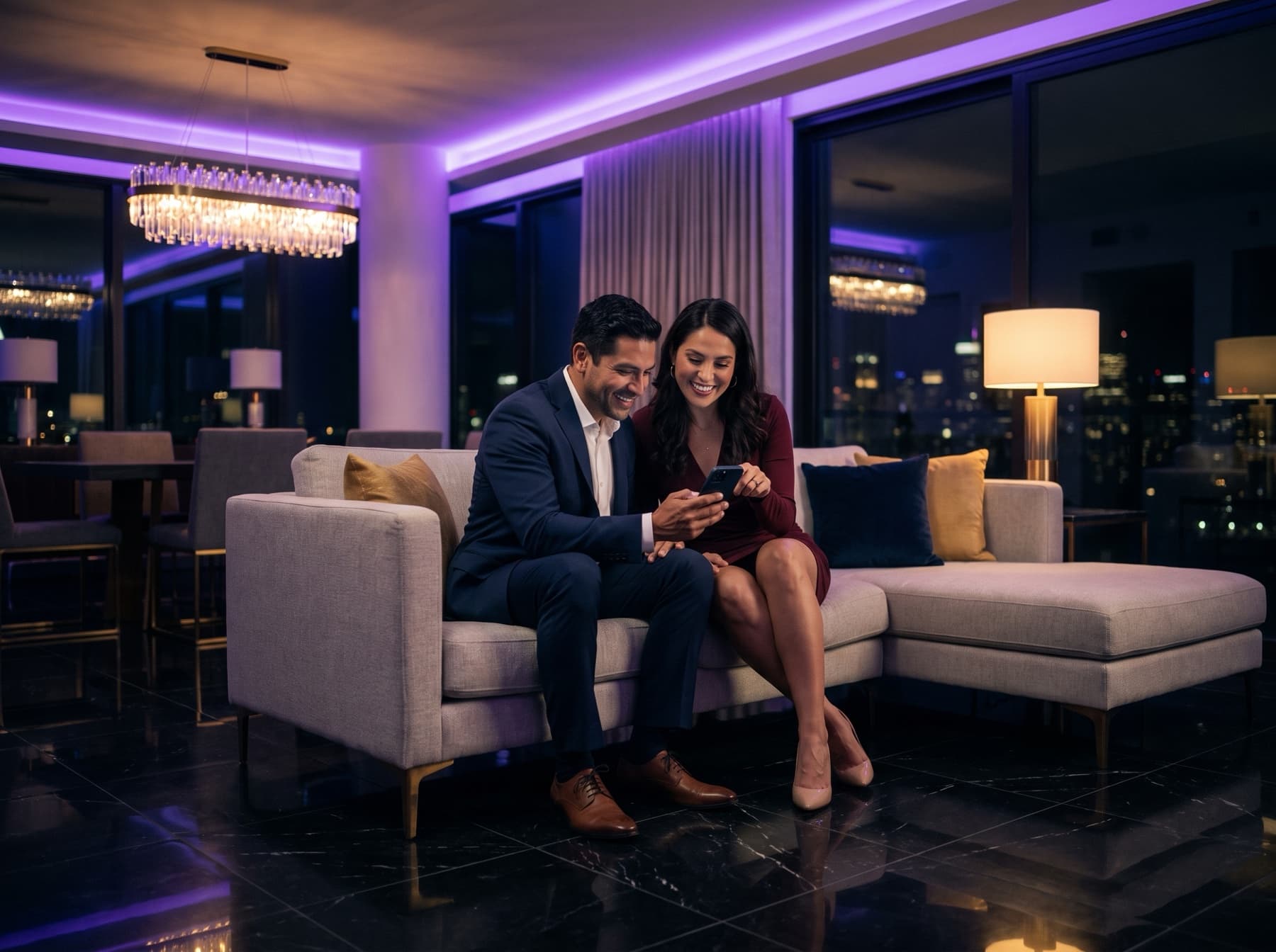 Una pareja mirando su evento en el celular, sentados en el lounge de un salón