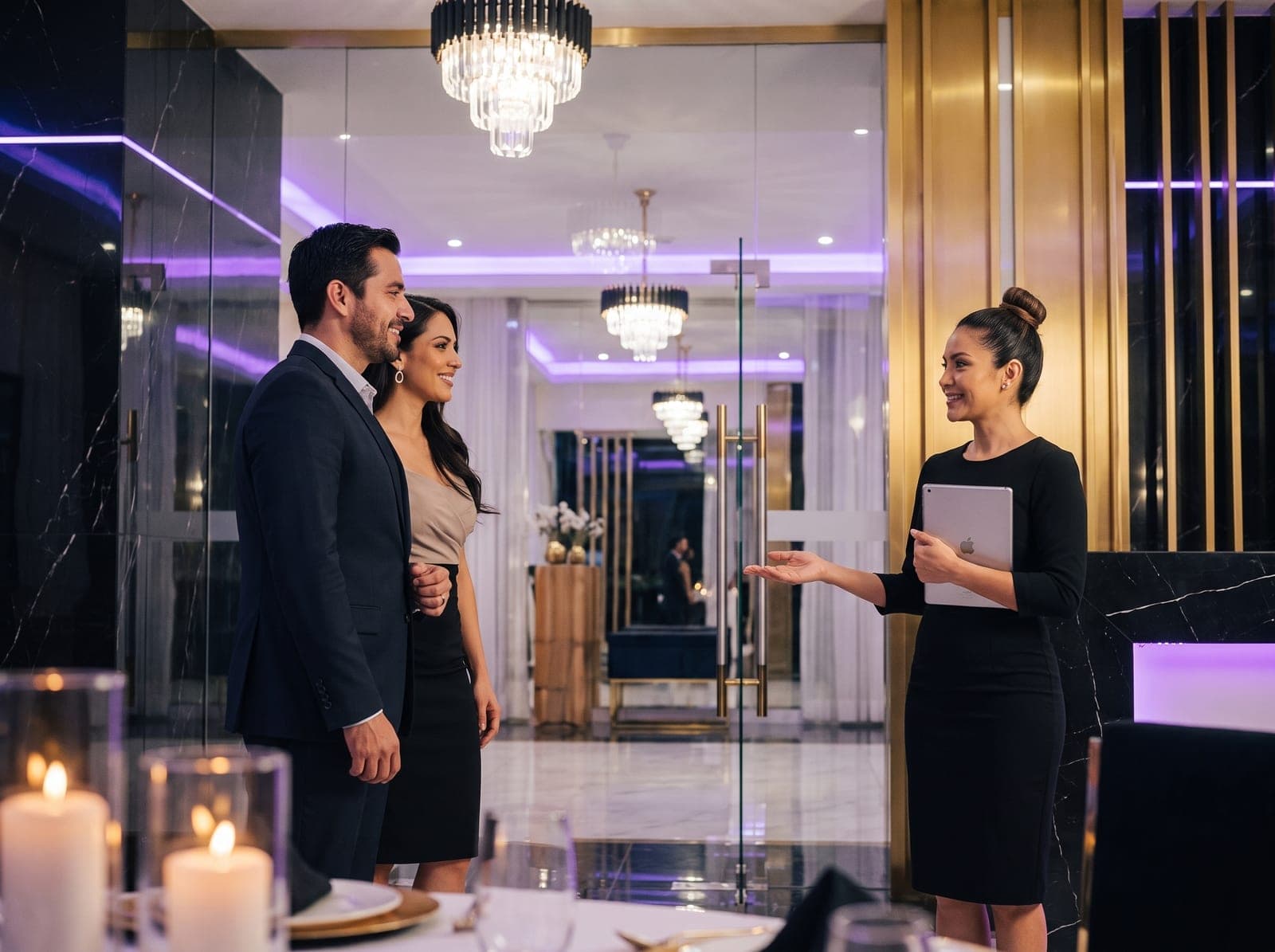 La anfitriona, con la tablet en la mano, ubica a una pareja de invitados en su mesa en la entrada del salón