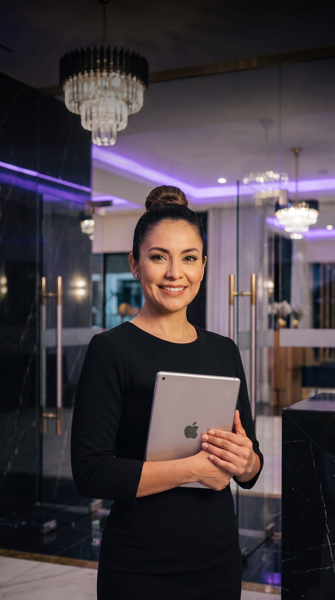 Una recepcionista con una tablet en la mano, lista para recibir a los invitados